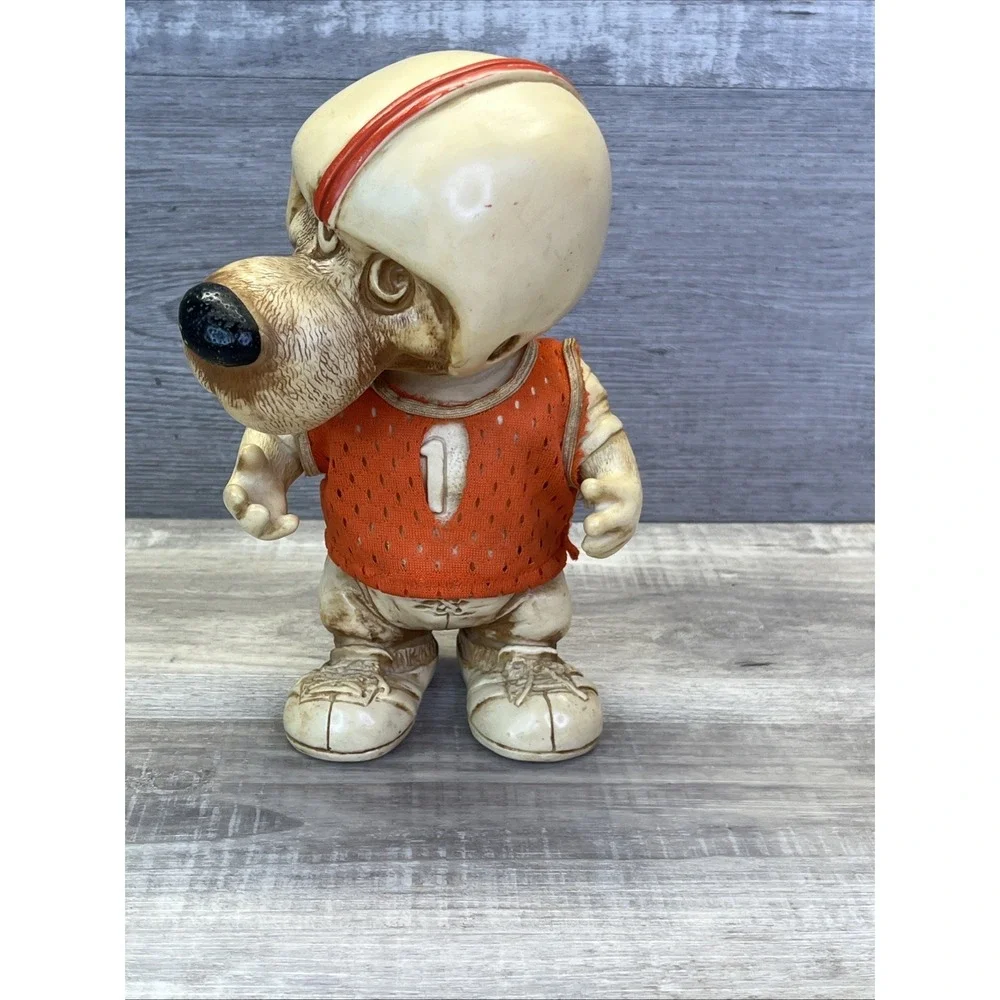 1977 Creative Mfg Orange Football Player Hound Dog Plastic Coin Bank Vintage 70s